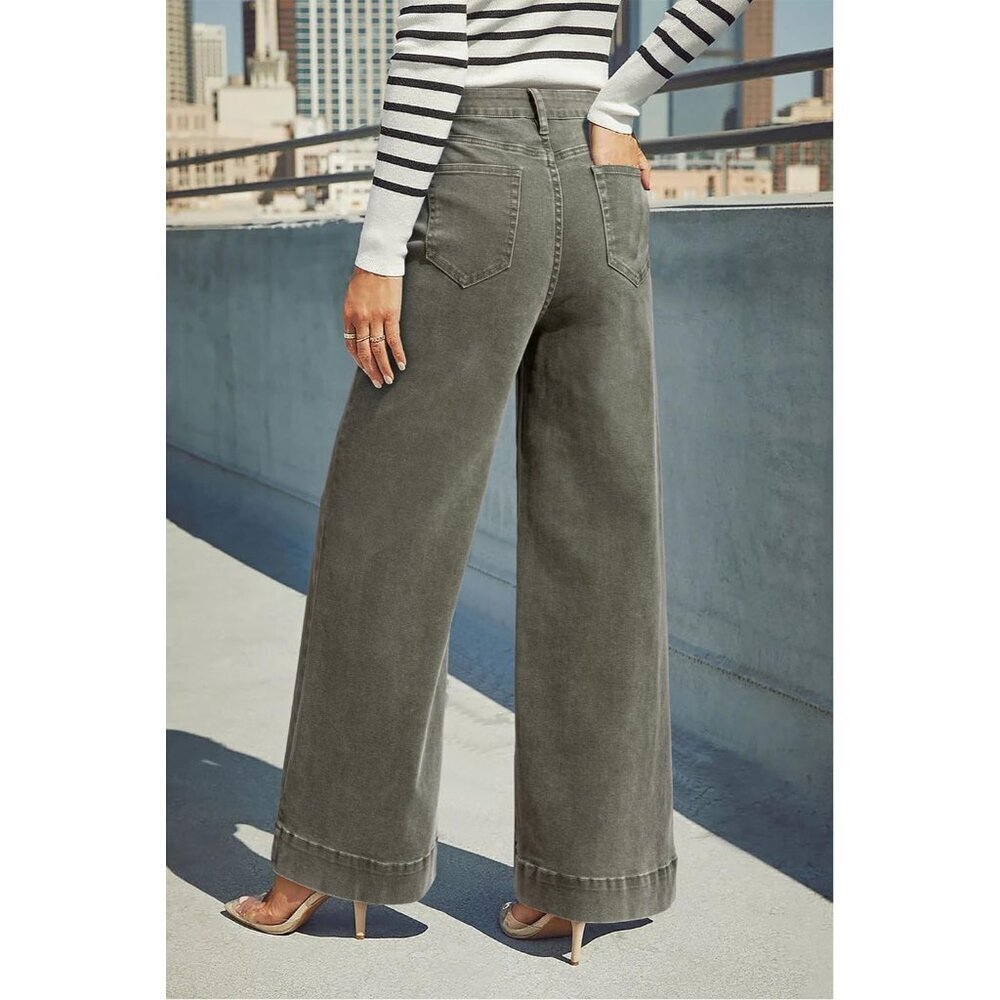 Women's Guacamole Casual High Waisted Stretch Button Wide Leg Loose Denim Jeans - Picture 6 of 6